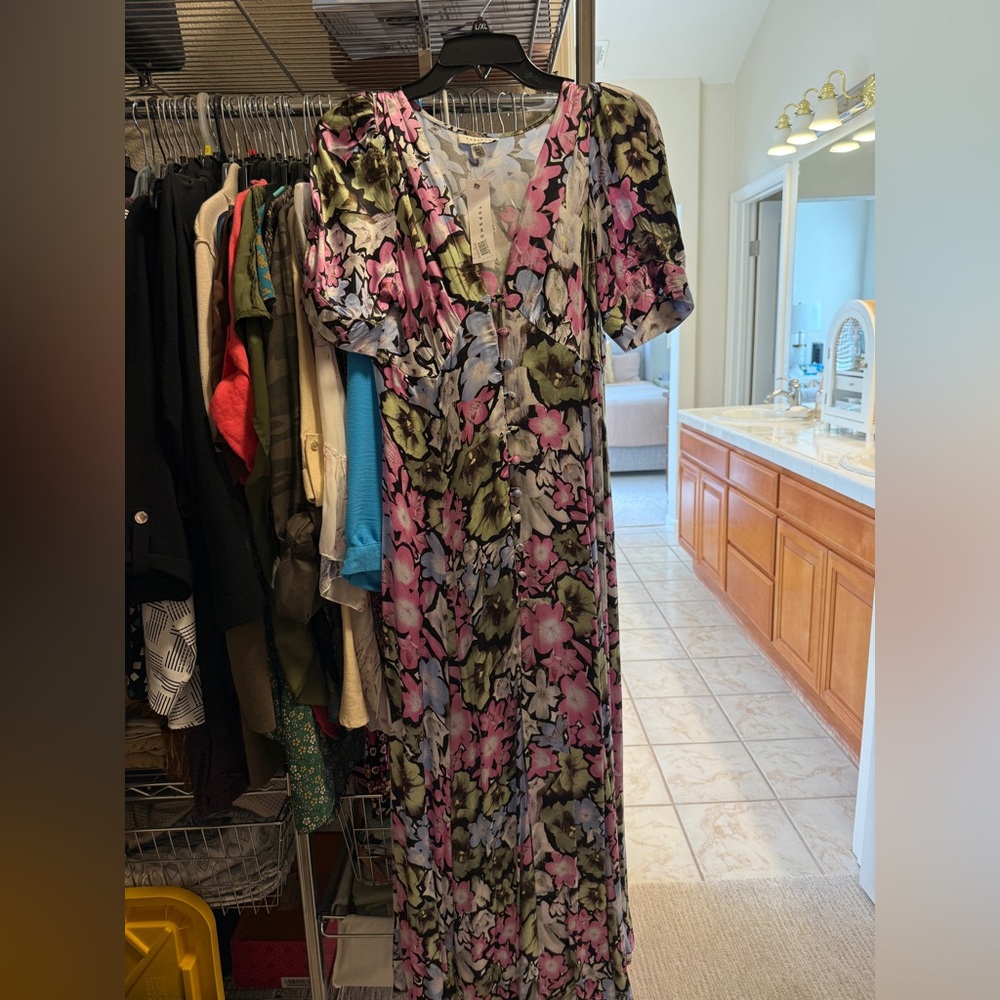 Topshop Floral Midi Dress - Pink and Green